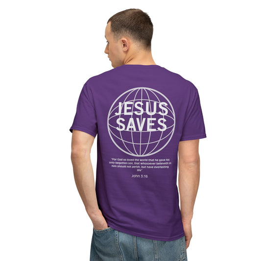 JESUS SAVES - JOHN SCRIPTURE ON BACK - COMFORTABLE UNISEX T-SHIRTS - MULTIPLE COLORS